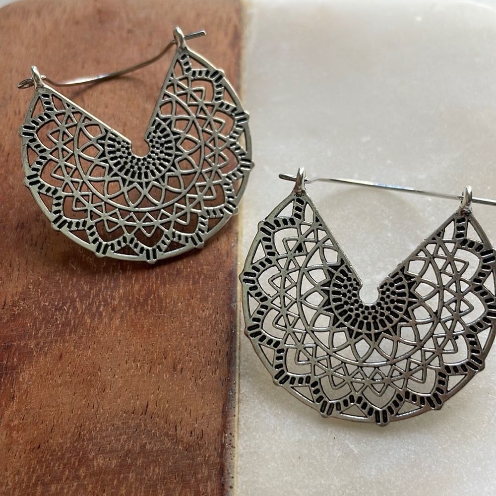 Silver Basketweave Hoop Earrings - Picture 9 of 10